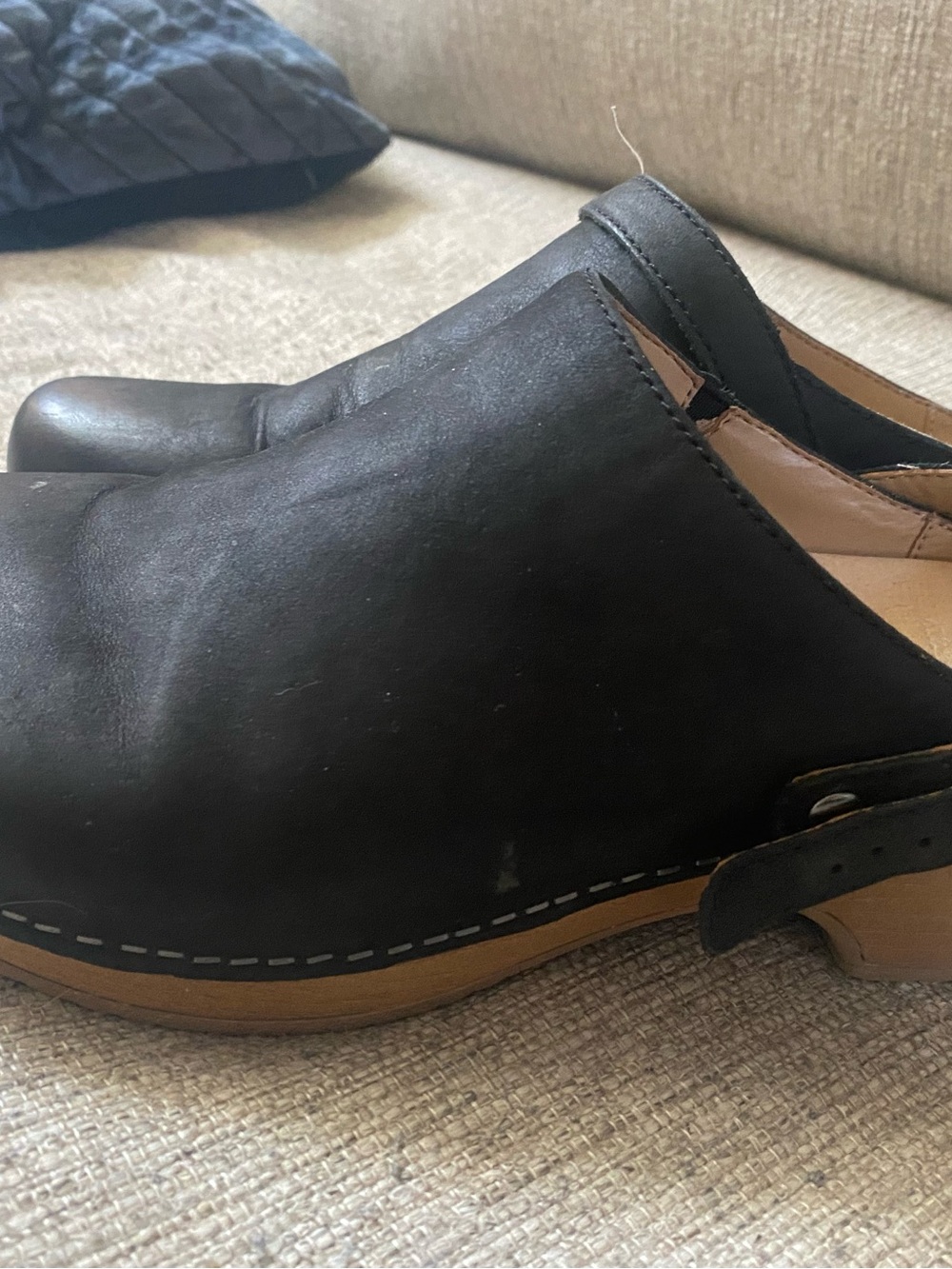 Dansko Black Leather Women's Clogs with Tan Sole